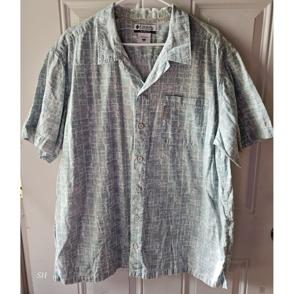 Columbia Mens XL Button Up‎ Shirt Green Short Sleeve Cotton Casual Outdoor Shirt